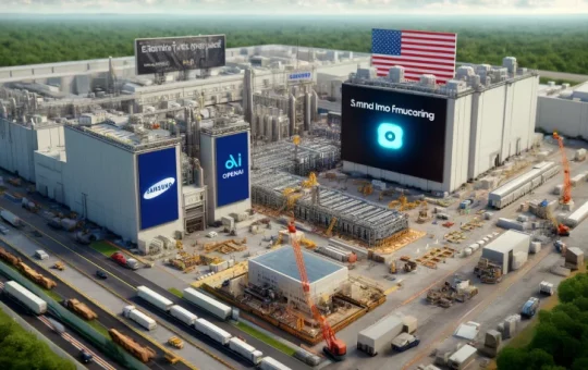 Futuristic chip manufacturing facility showcasing Samsung alongside OpenAI expanding their chip manufacturing capacities in Texas.